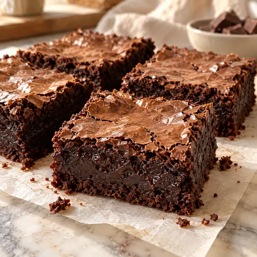 Brownie com casquinha craquelada cortado em quadrados